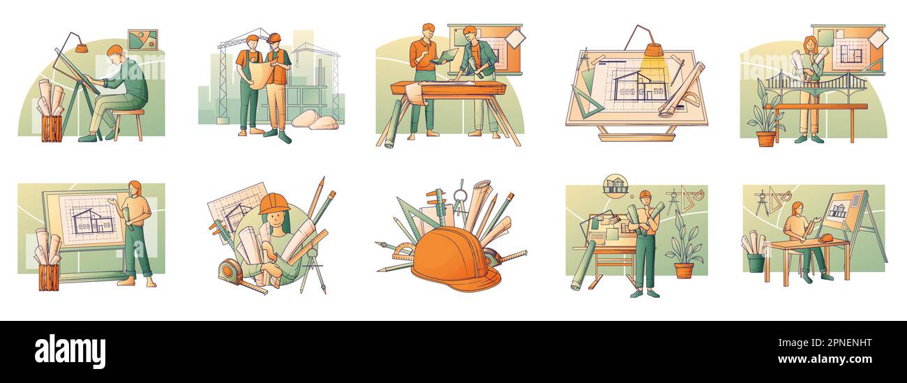 Architects and construction engineers flat set with architectural