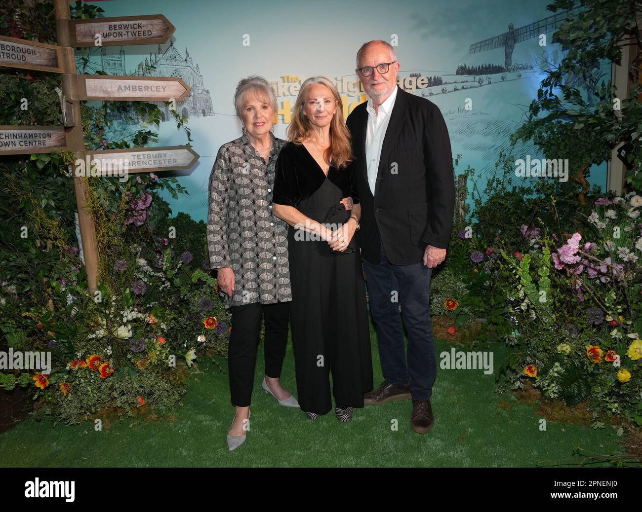 (left to right) Dame Penelope Wilton, Rachel Joyce, and Jim Broadbent, attends the gala screening of The Unlikely Pilgrimage of Harold Fry, at the Ham Yard Hotel in London. Picture date: Tuesday April 18, 2023. Stock Photo