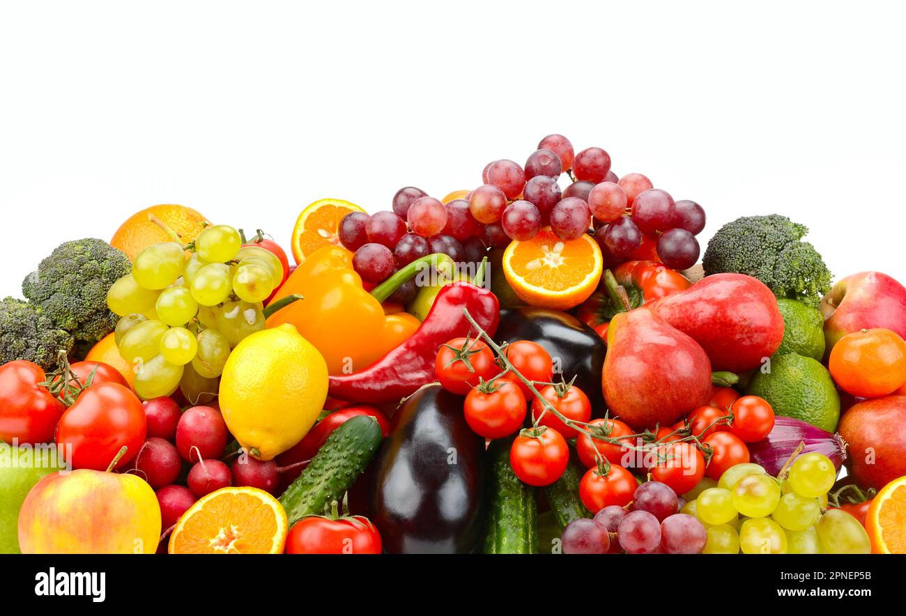 Lots of ripe berries, fruits, vegetables isolated on white background Stock Photo