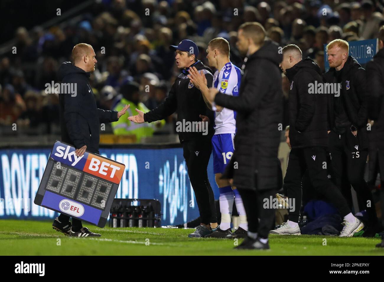 Joey Barton manager of Bristol Rovers appeals to the referee during the Sky Bet League 1 match Bristol Rovers vs Sheffield Wednesday at Memorial Stadium, Bristol, United Kingdom, 18th April 2023  (Photo by Gareth Evans/News Images) Stock Photo