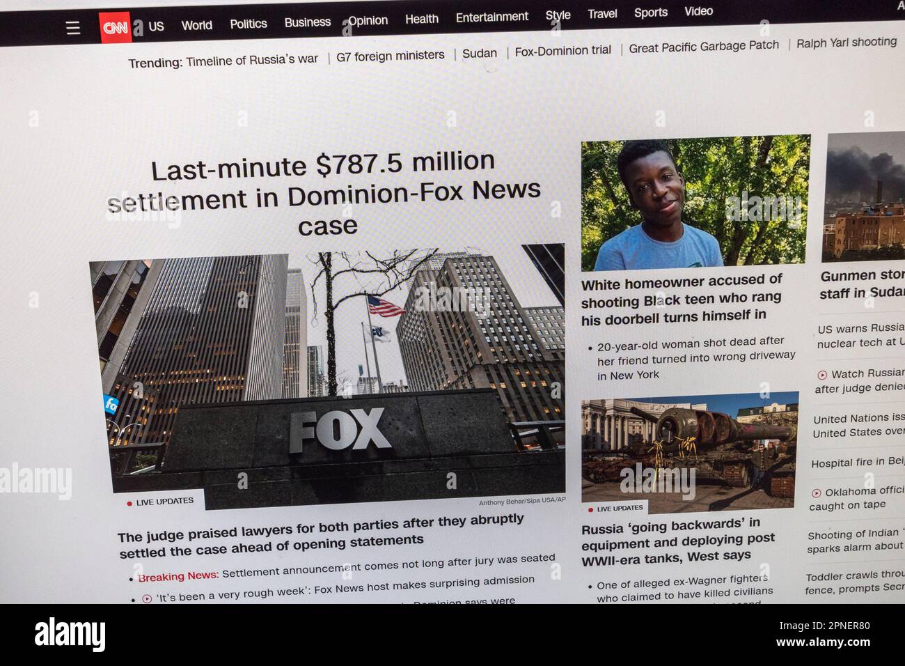 CNN website 30 minutes after the defamation case between Fox News and Dominion Voting Sytems was settled for $787million, 18th April 2023. Stock Photo