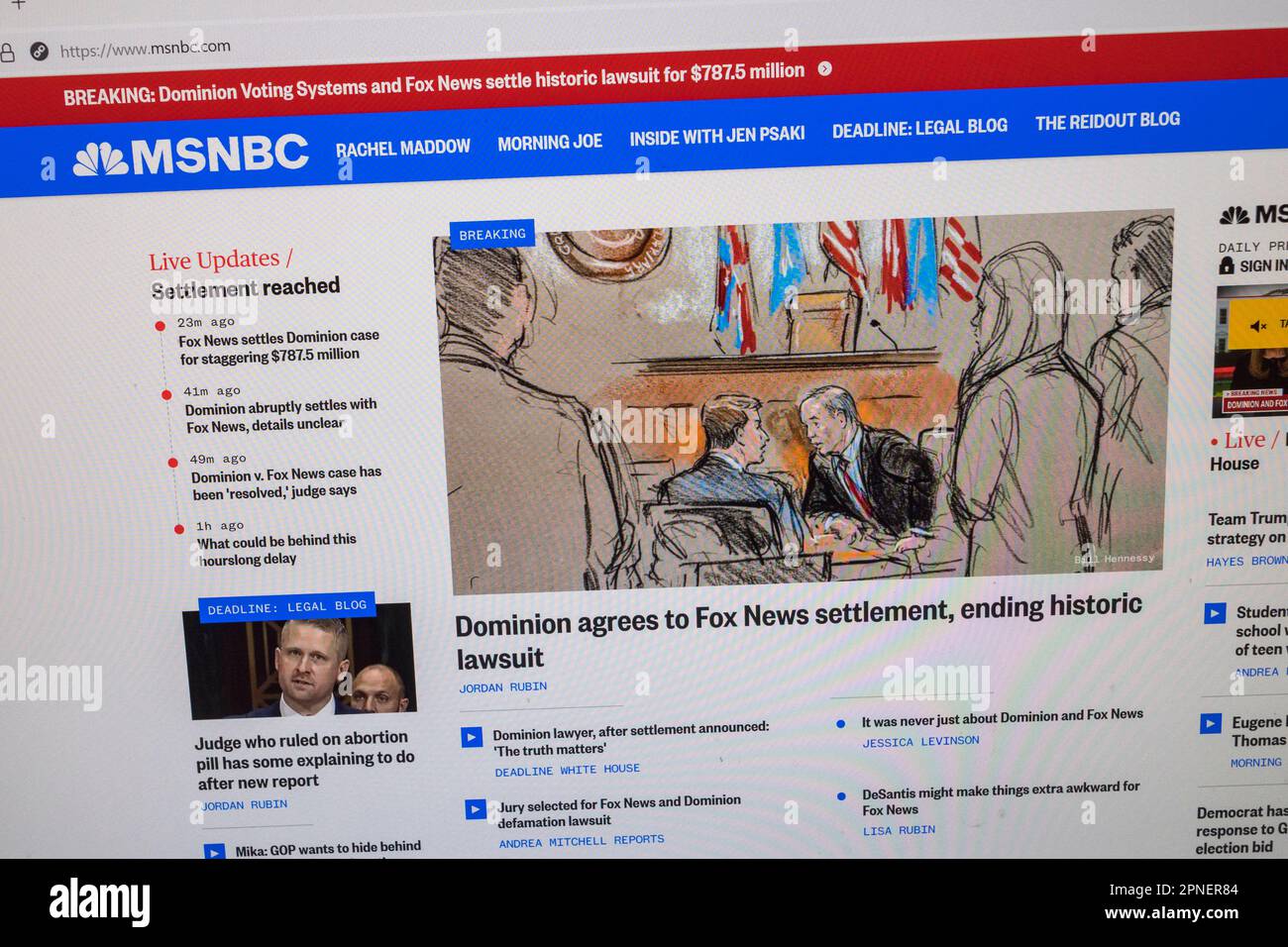 MSNBC website 30 minutes after the defamation case between Fox News and Dominion Voting Sytems was settled for $787million, 18th April 2023 (NOTES). Stock Photo