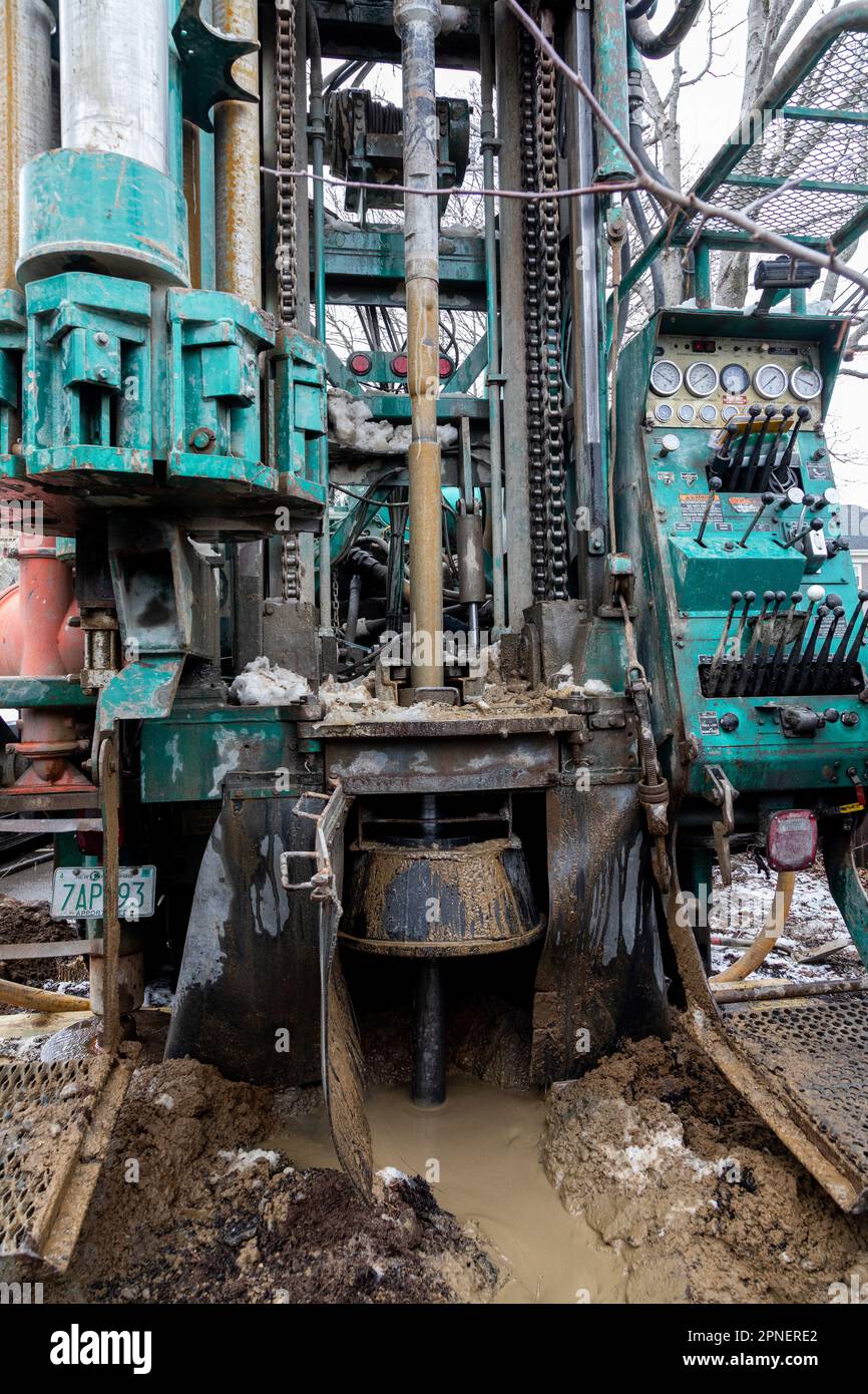 March 15, 2023. Beverly, MA. Installation of a test well to determine existing geothermal groundwater conditions for the Beverly Library’s new Geother Stock Photo