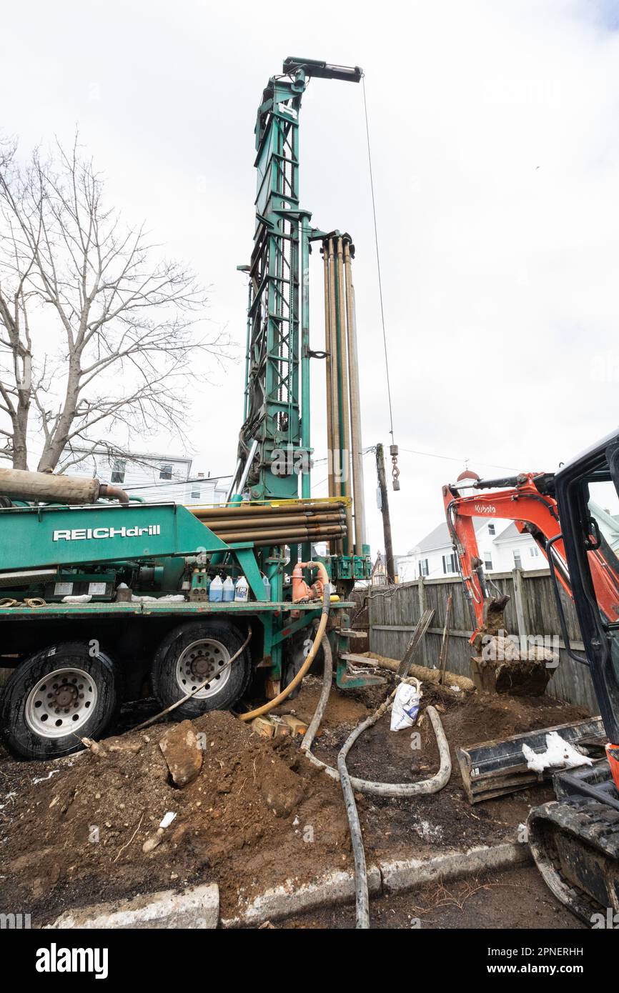 March 15, 2023. Beverly, MA. Installation of a test well to determine existing geothermal groundwater conditions for the Beverly Library’s new Geother Stock Photo