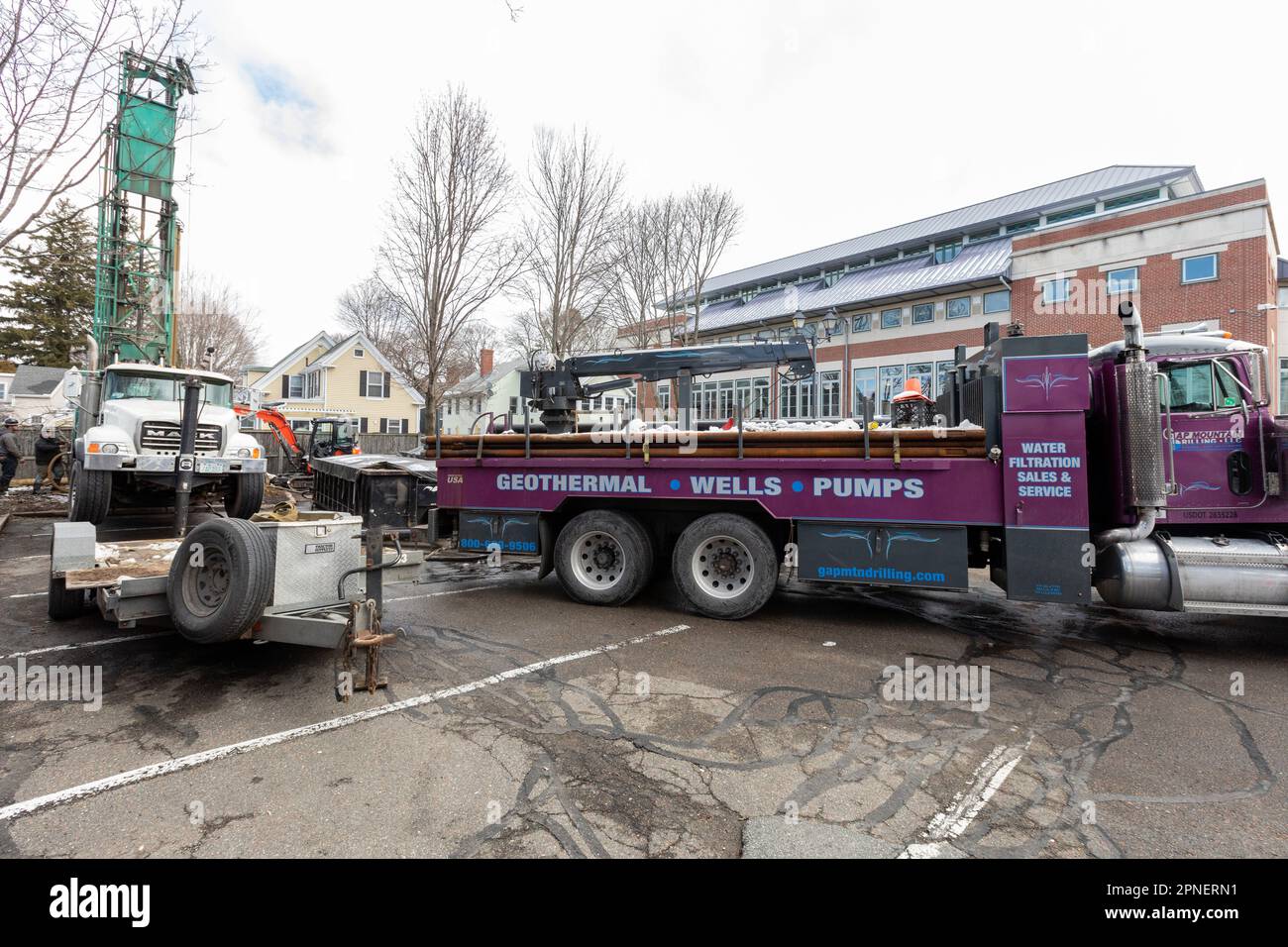 March 15, 2023. Beverly, MA. Installation of a test well to determine existing geothermal groundwater conditions for the Beverly Library’s new Geother Stock Photo