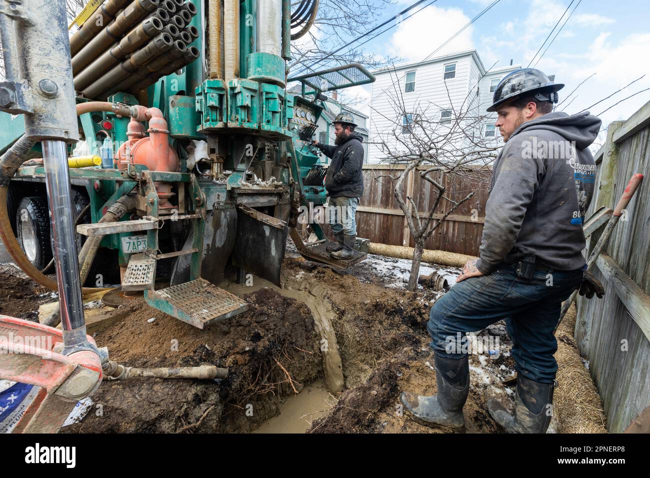 March 15, 2023. Beverly, MA. Installation of a test well to determine existing geothermal groundwater conditions for the Beverly Library’s new Geother Stock Photo