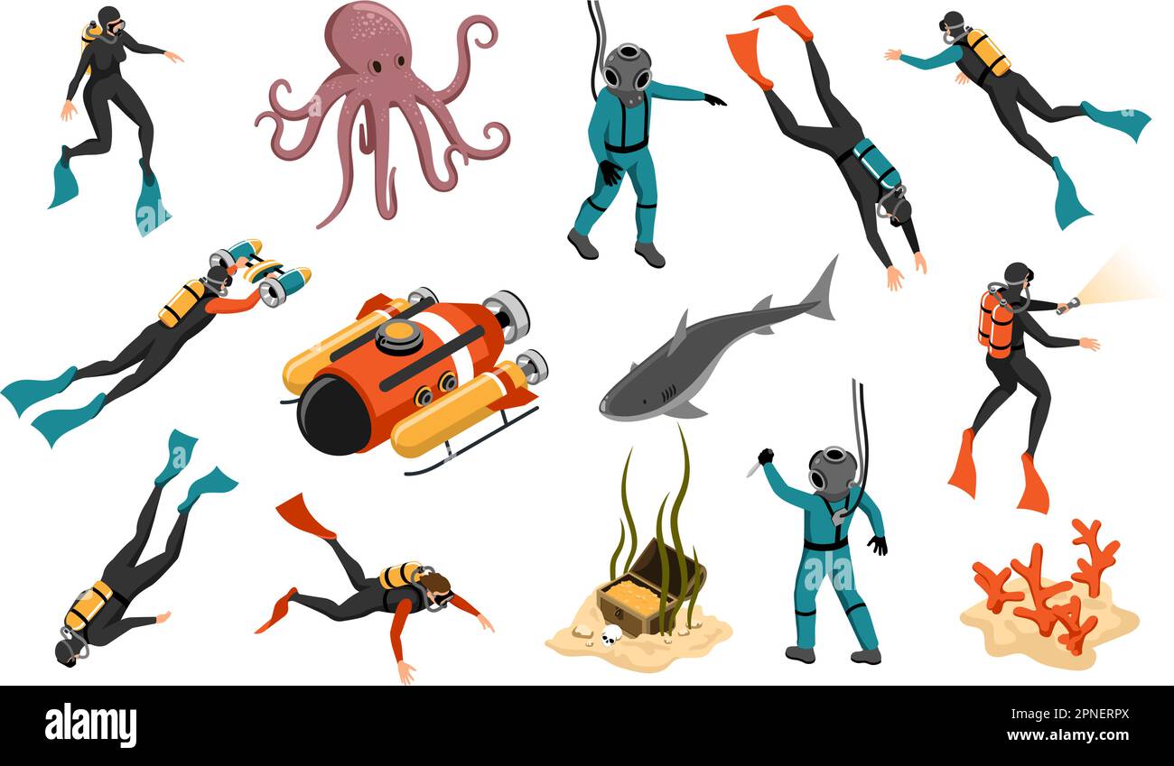 Diving isometric icons cartoon set of people in diving suits with scuba