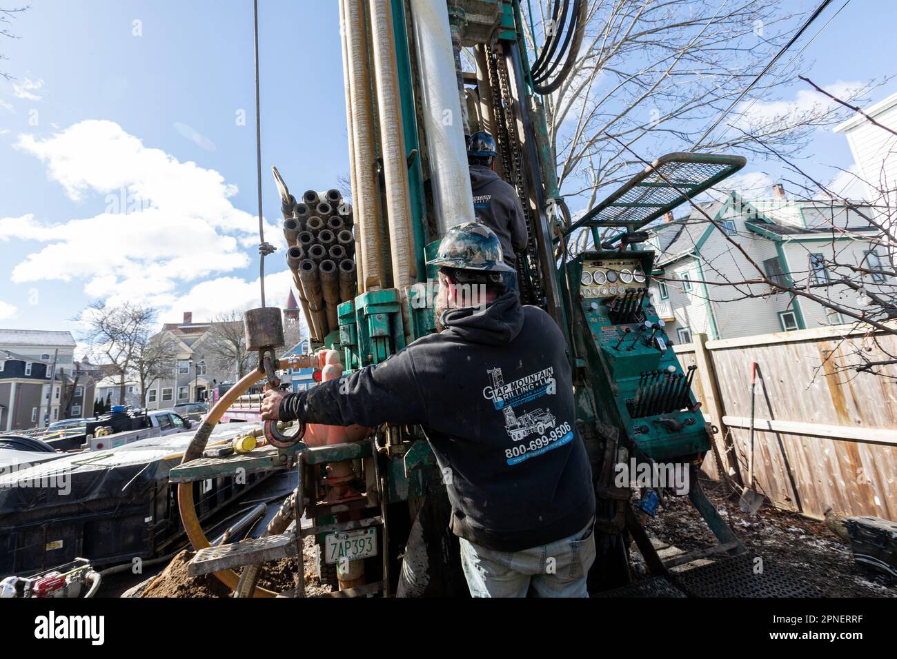 March 15, 2023. Beverly, MA. Installation of a test well to determine existing geothermal groundwater conditions for the Beverly Library’s new Geother Stock Photo
