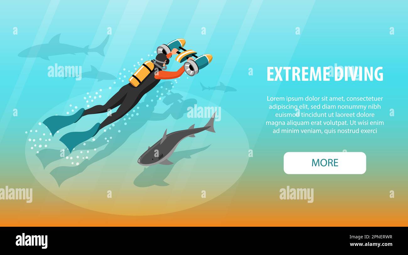 Extreme diving isometric horizontal banner illustrating with male