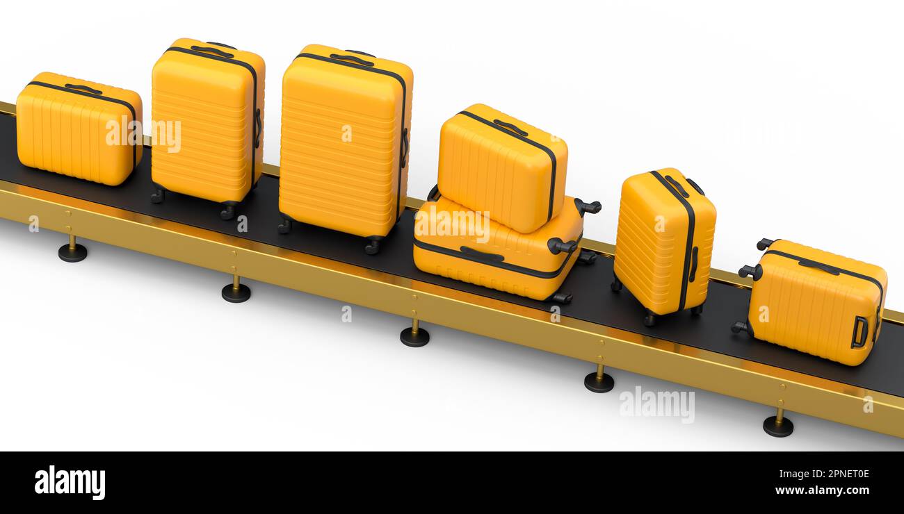 Airport luggage conveyor belt, manufacture line or baggage claim area with suitcases on white