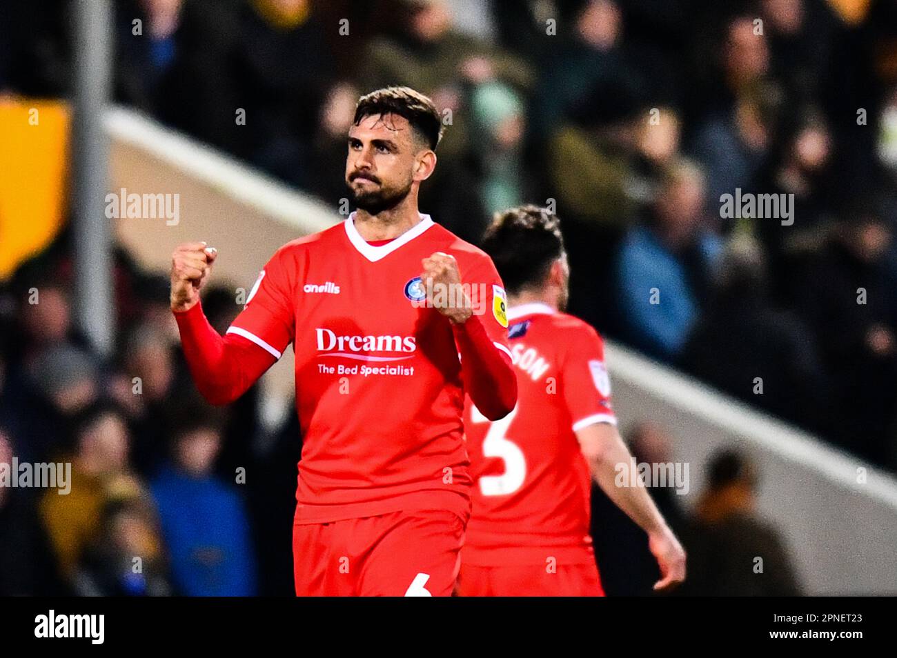 Ryan Tafazolli (6 Wycombe Wanderers) gestures to fans after scoring during the Sky Bet League 1 match between Cambridge United and Wycombe Wanderers at the R Costings Abbey Stadium, Cambridge on Tuesday 18th April 2023. (Photo: Kevin Hodgson | MI News) Credit: MI News & Sport /Alamy Live News Stock Photo