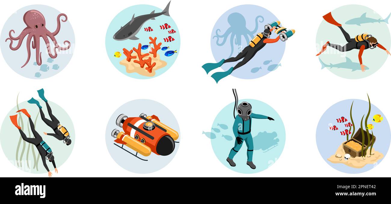 Diving isometric round compositions set of divers aqualungs corals fish