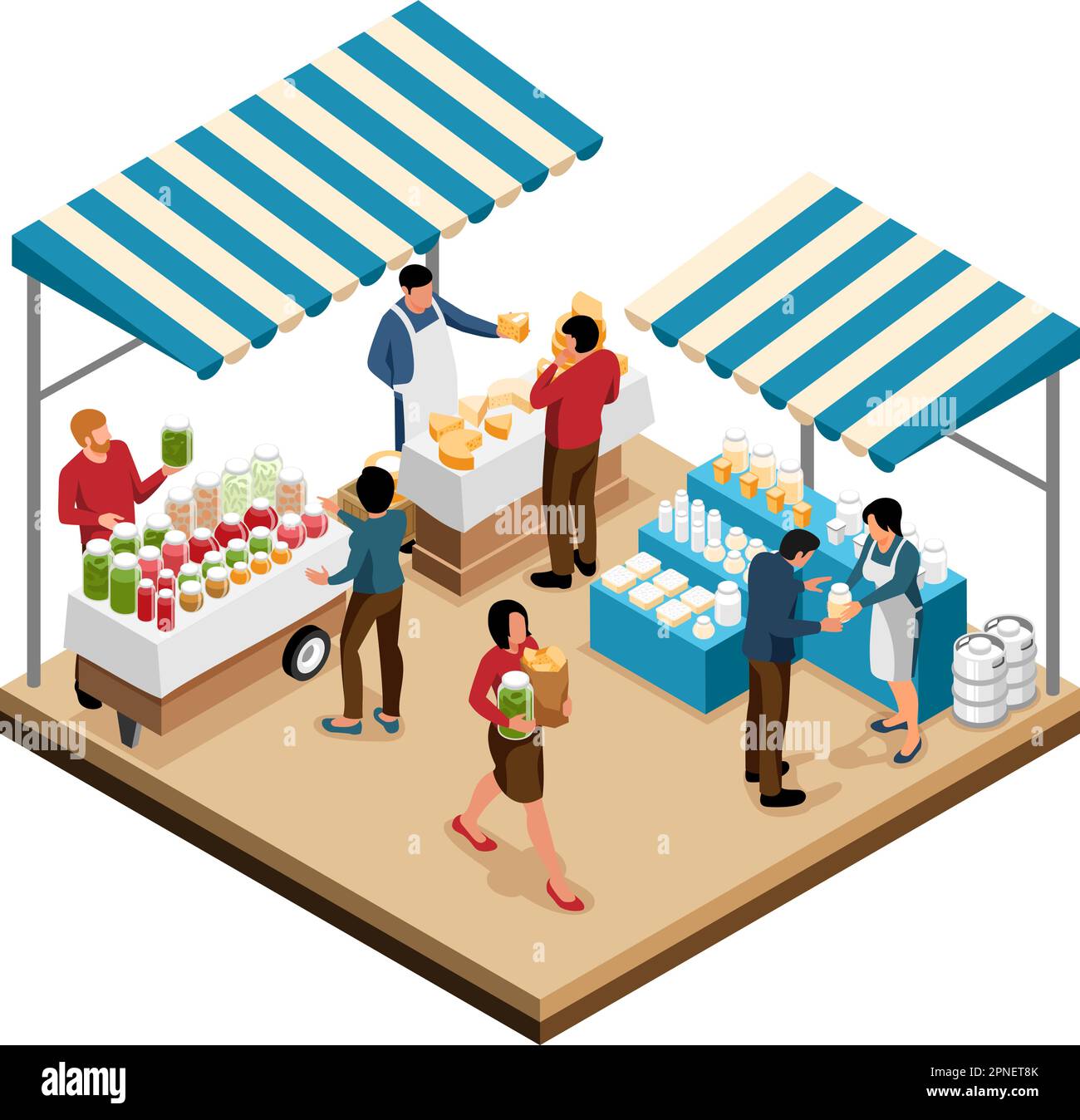 Local farm market isometric object with sellers offering canned and