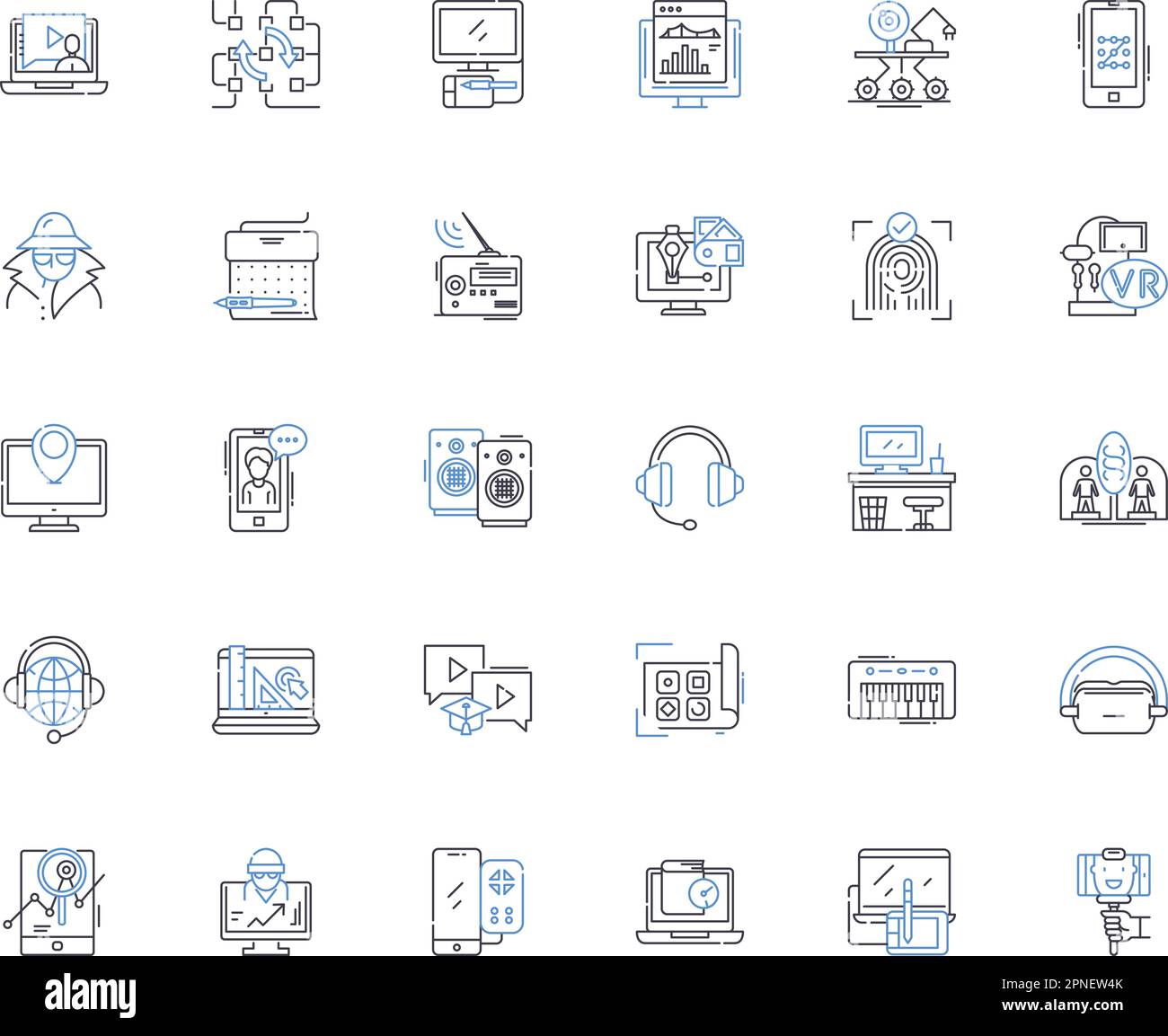 High-tech gadgets line icons collection. Smartph, Tablet, Smartwatch, Laptop, Dr, VR, AR vector and linear illustration. Smart home,Wearable,Robot Stock Vector