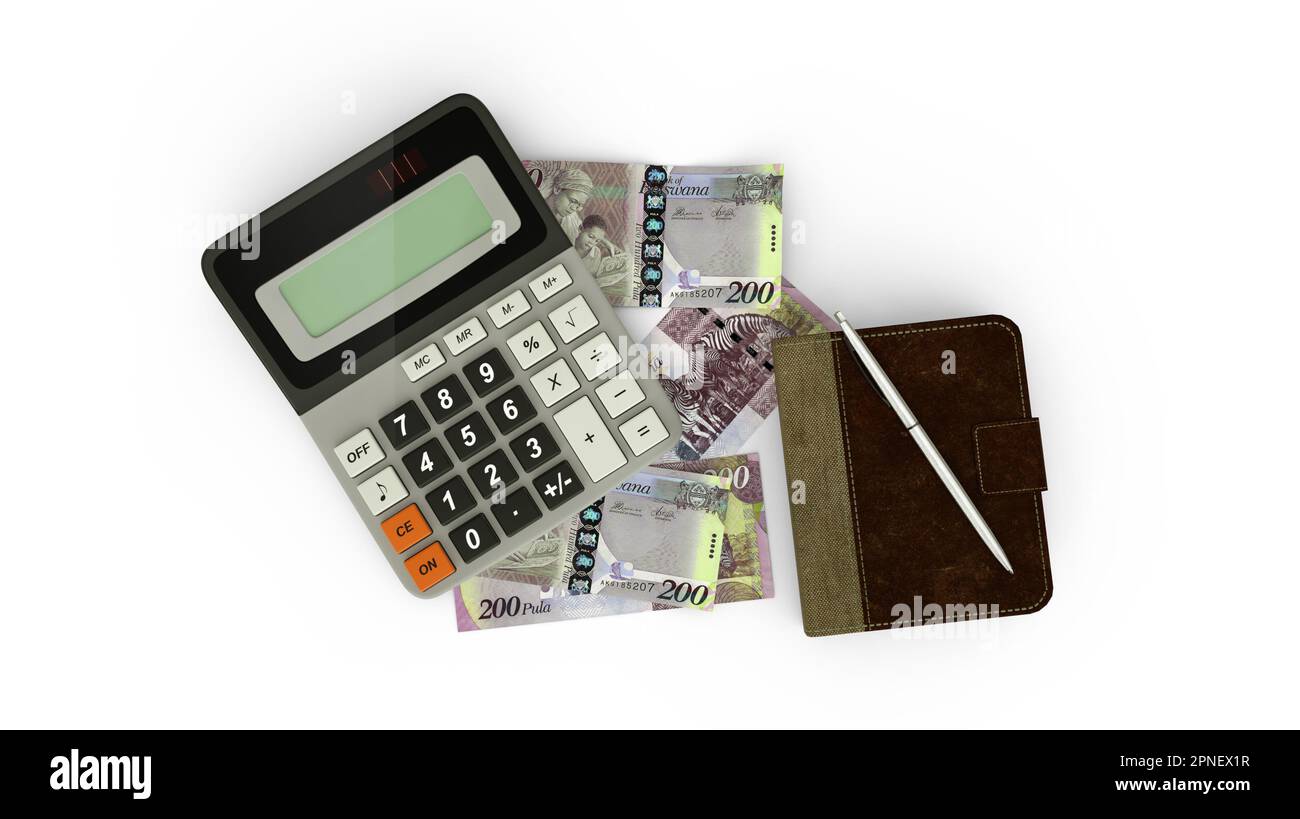 3D rendering of an isolated composition of Botswanan Pula notes, a calculator, a note book and a pen Stock Photo