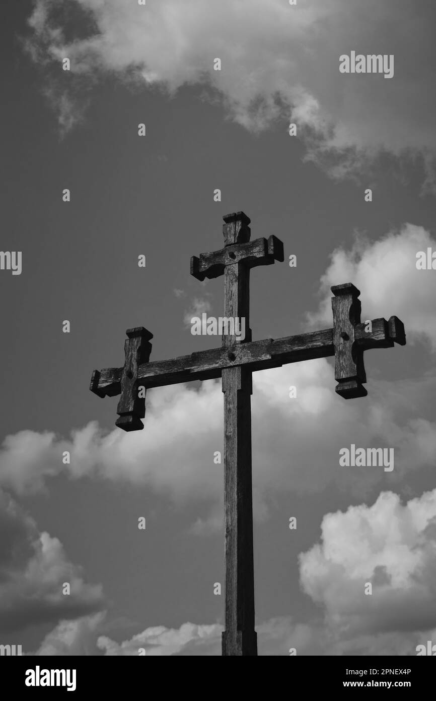 Wooden Orthodoxy cross over mood skies. Religion backgrounds Stock ...