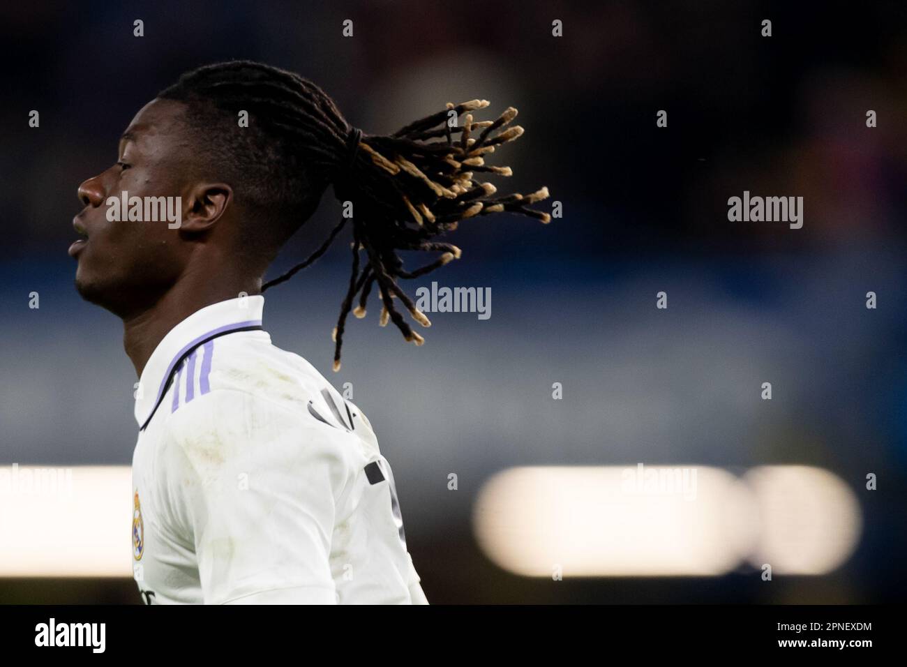 Eduardo Camavinga of Real Madrid looks on during the UEFA Champions League Quarter Final match between Chelsea and Real Madrid at Stamford Bridge, London on Tuesday 18th April 2023. (Photo: Federico Guerra Maranesi | MI News) Credit: MI News & Sport /Alamy Live News Stock Photo