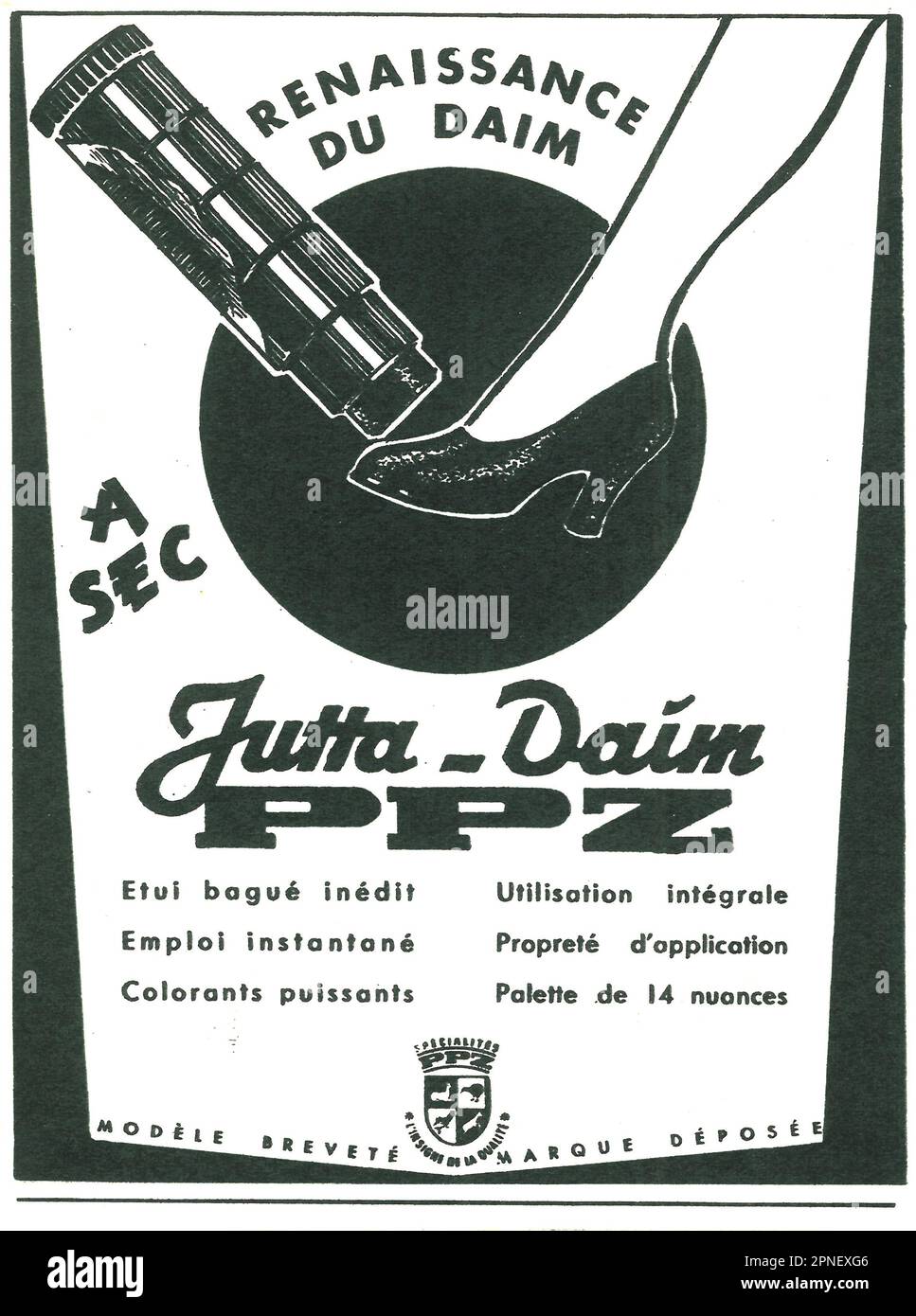 Jutta-Daim PPZ Pierre P. Zecchini Stick Shoes Marker France Blotter  French print ad, 1951 Stock Photo