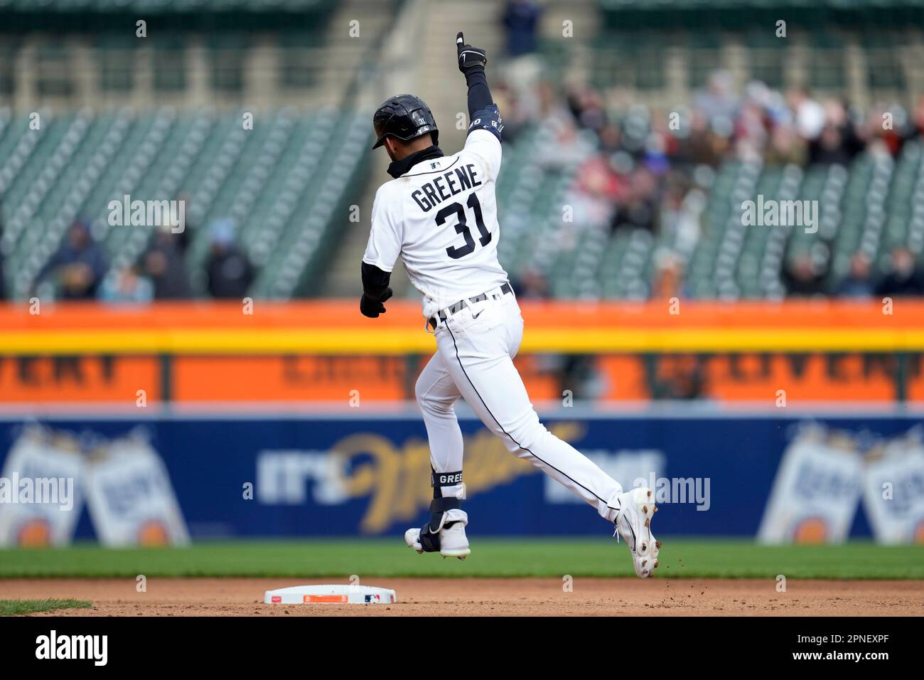 Detroit Tigers' Riley Greene reacts to hitting a home run against the