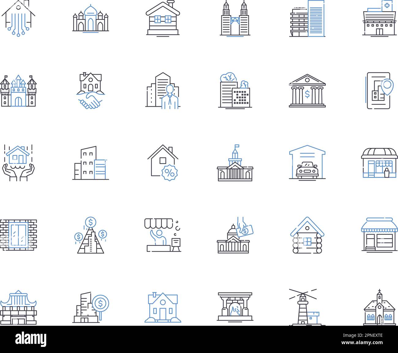 Land purchase line icons collection. Property, Acreage, Investment, Development, Landscaping, Natural, Rural vector and linear illustration. Urban Stock Vector