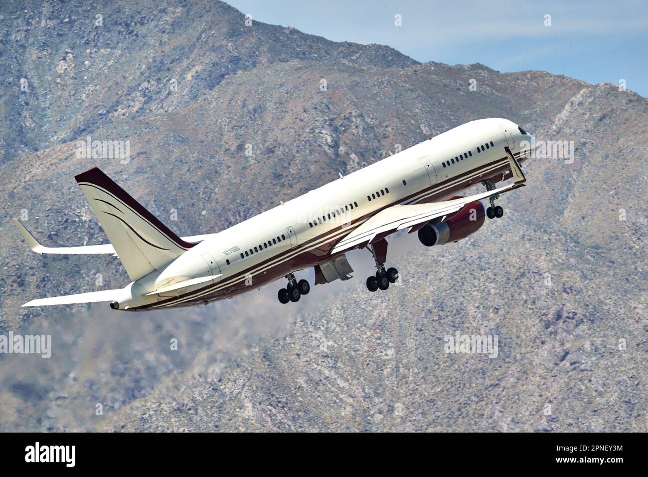 Palm Springs, California, USA. 16th Apr, 2023. Departing the airport in Palm Springs, a privately owned Boeing 757 operated by Yucaipa Companies owned by Ronald Burkle. (Credit Image: © Ian L. Sitren/ZUMA Press Wire) EDITORIAL USAGE ONLY! Not for Commercial USAGE! Stock Photo