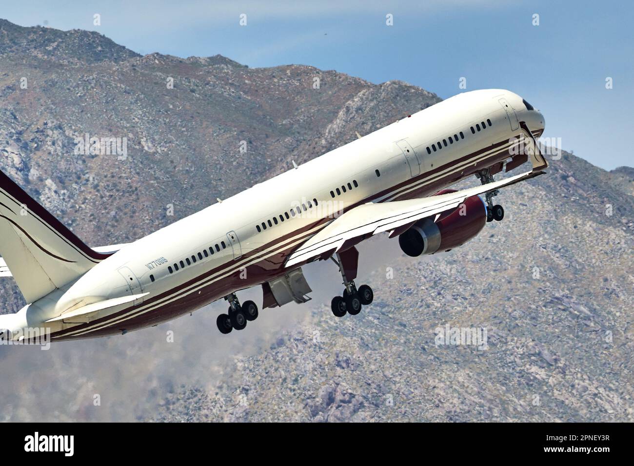 Palm Springs, California, USA. 16th Apr, 2023. Departing the airport in Palm Springs, a privately owned Boeing 757 operated by Yucaipa Companies owned by Ronald Burkle. (Credit Image: © Ian L. Sitren/ZUMA Press Wire) EDITORIAL USAGE ONLY! Not for Commercial USAGE! Stock Photo