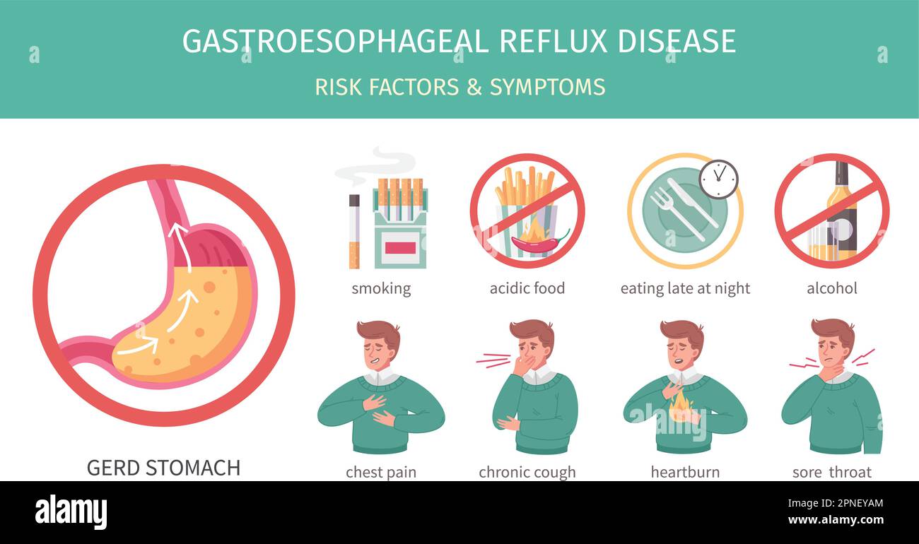 Gerd Flat Infographics With Gastritis Risk Factors And Symptoms Vector