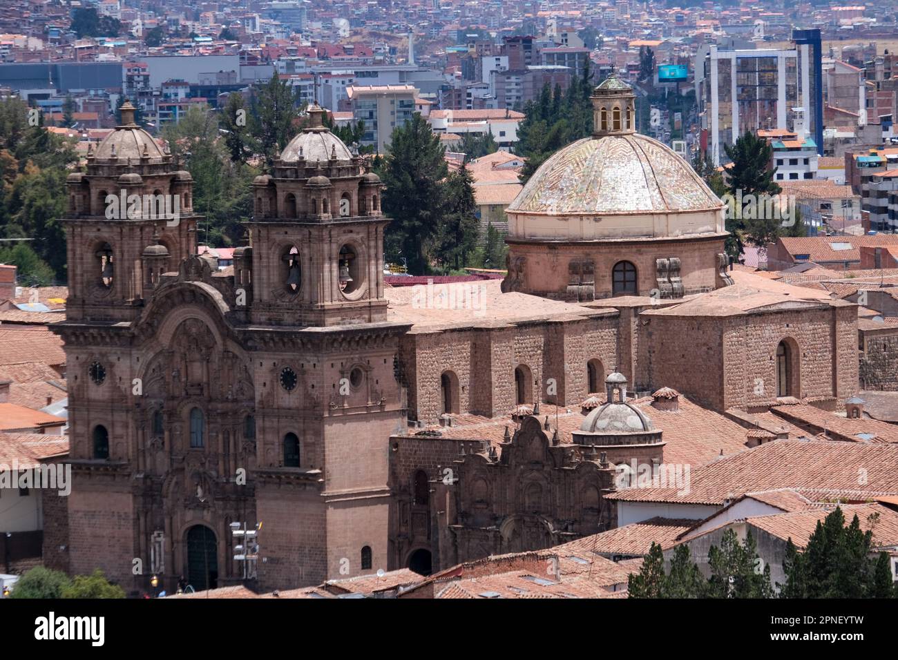 Cusco cathedral dome exterior view with building background in Plaza de Armas Cusco.  Selective focus. Stock Photo