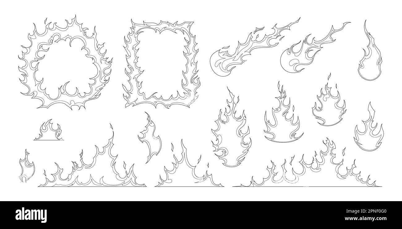 Fire frames fireballs flame elements hand drawn set isolated on white