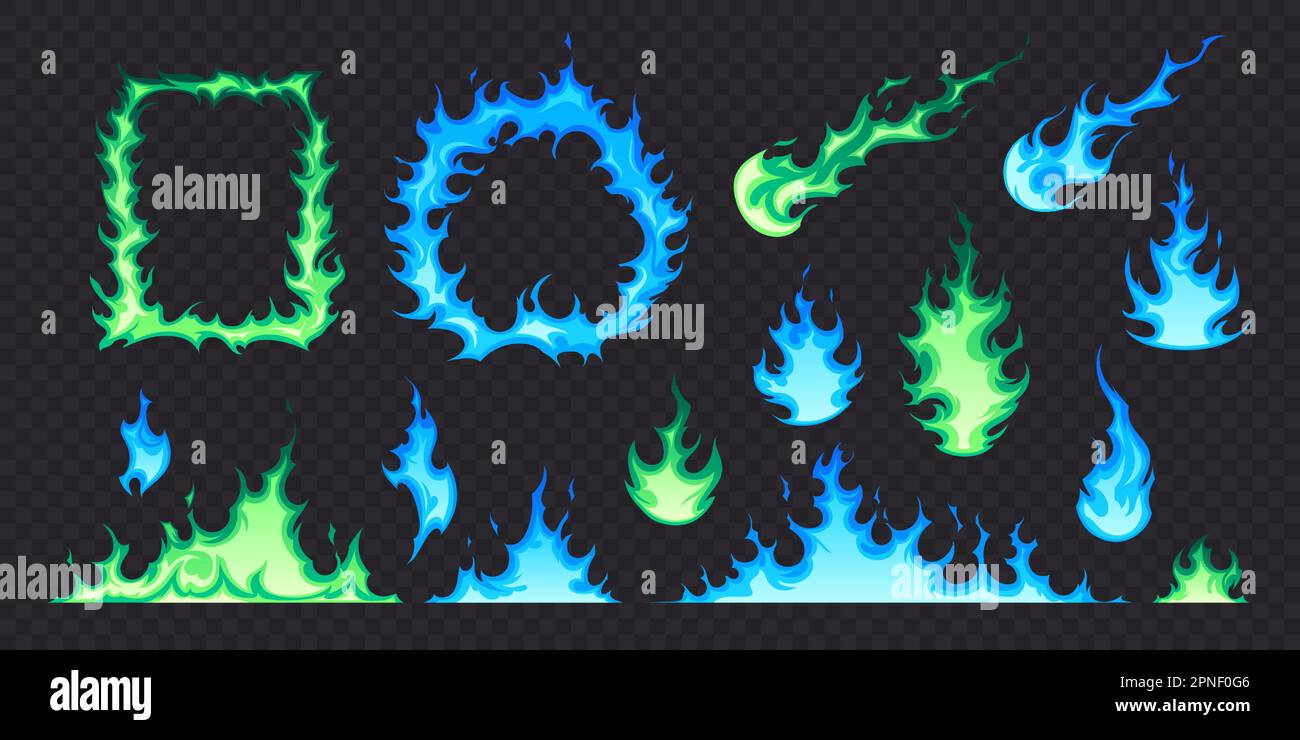 Fire flat set with green and blue flames of different shape isolated on