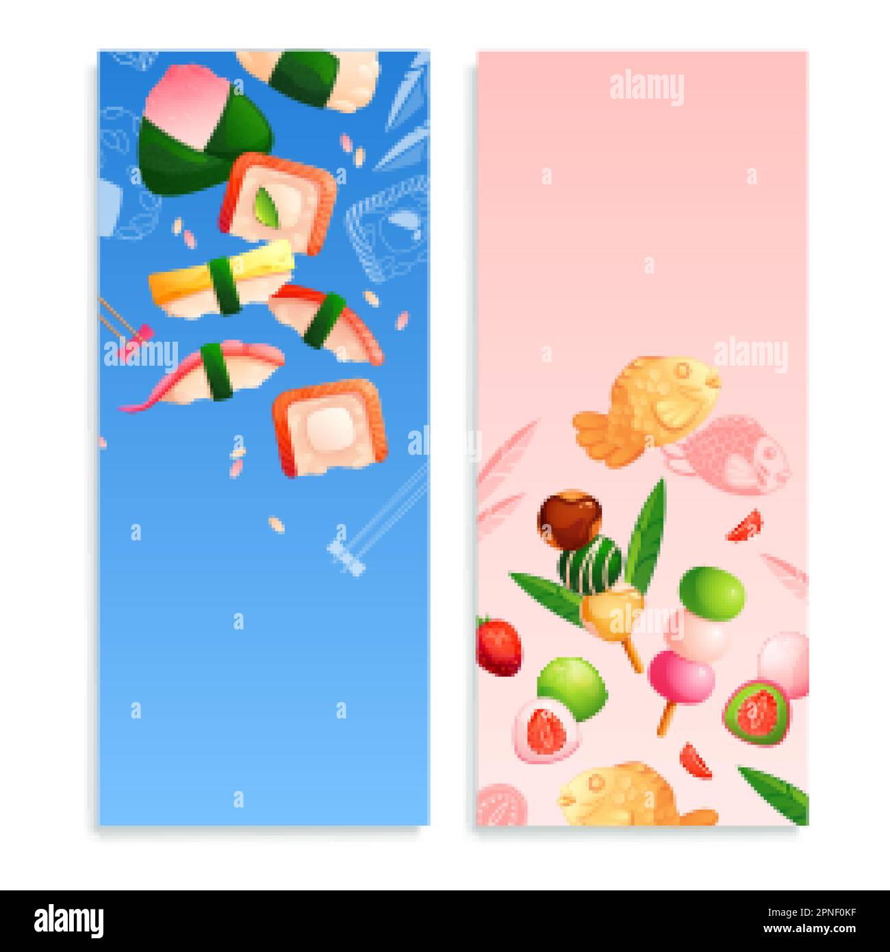 Set of two flat cute banners with asian food dishes on pink and blue ...