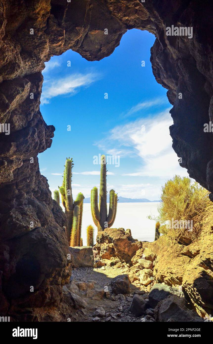 view from inside the cave on Isla Incahuasi, a hilly outcrop of land in the Salar de Uyuni, Bolivia, Isla Incahuasi Stock Photo