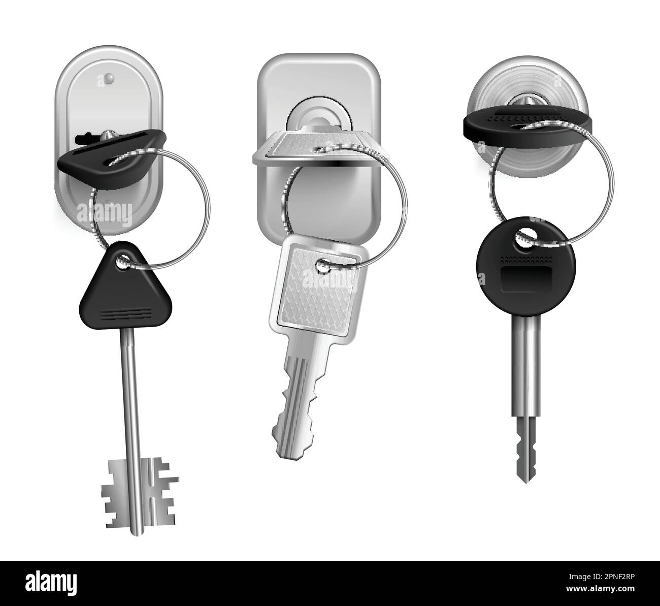 Realistic keys keyholes icon set one key from the set is inserted in the lock vector