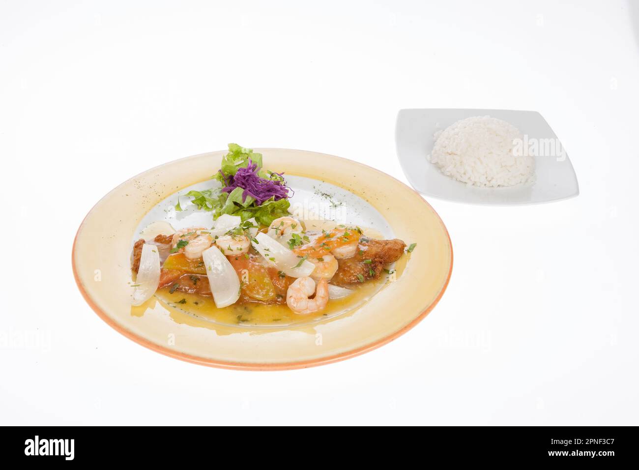 Sea Bass Fillet With Shrimp Sauce; On White Background Stock Photo - Alamy