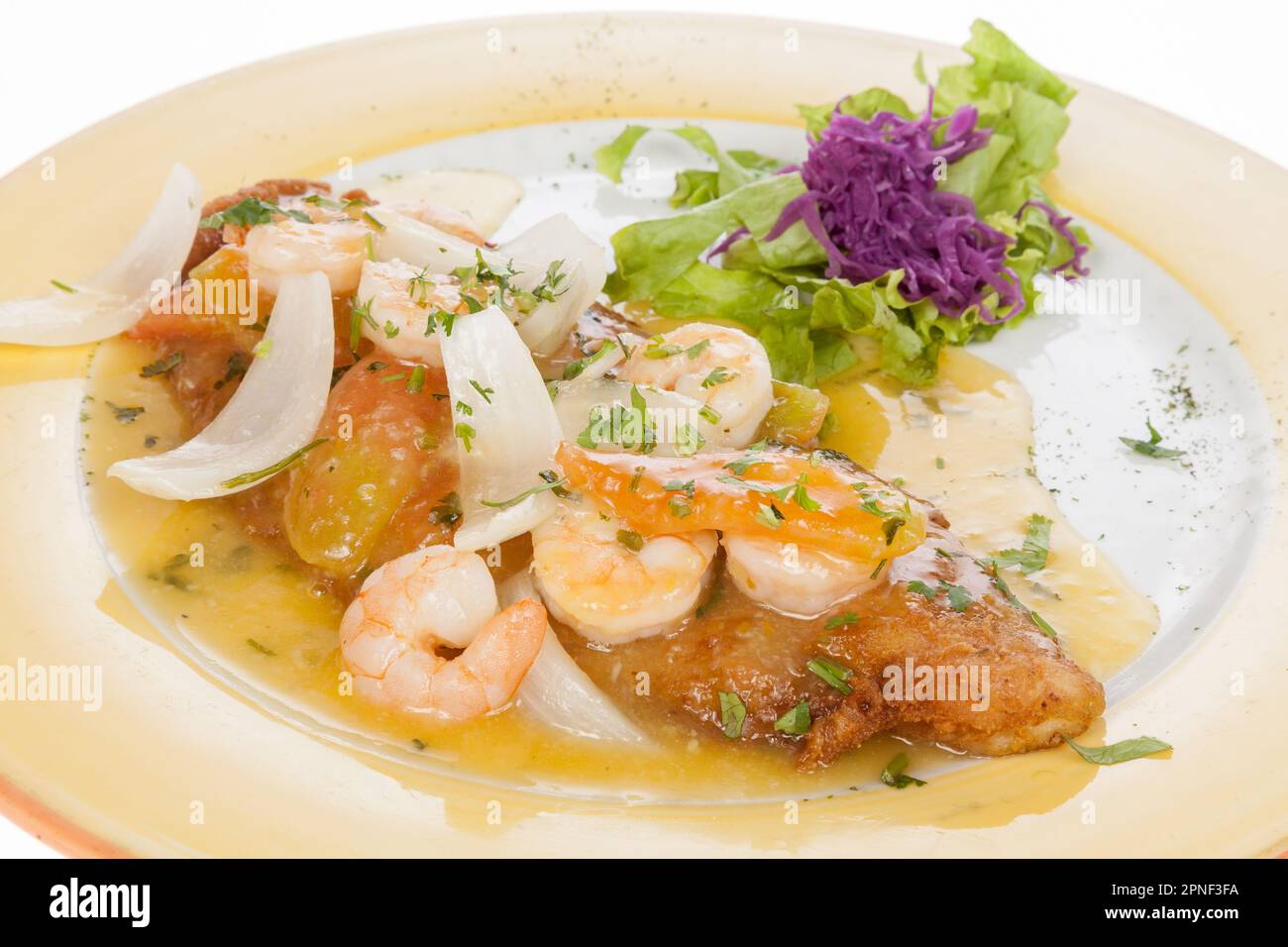 Sea Bass Fillet With Shrimp Sauce; On White Background. Stock Photo