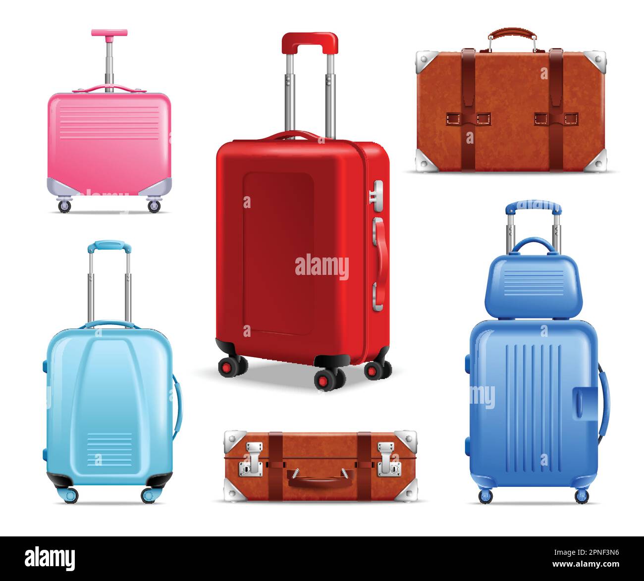 Realistic travel baggage icon set suitcases of different styles sizes