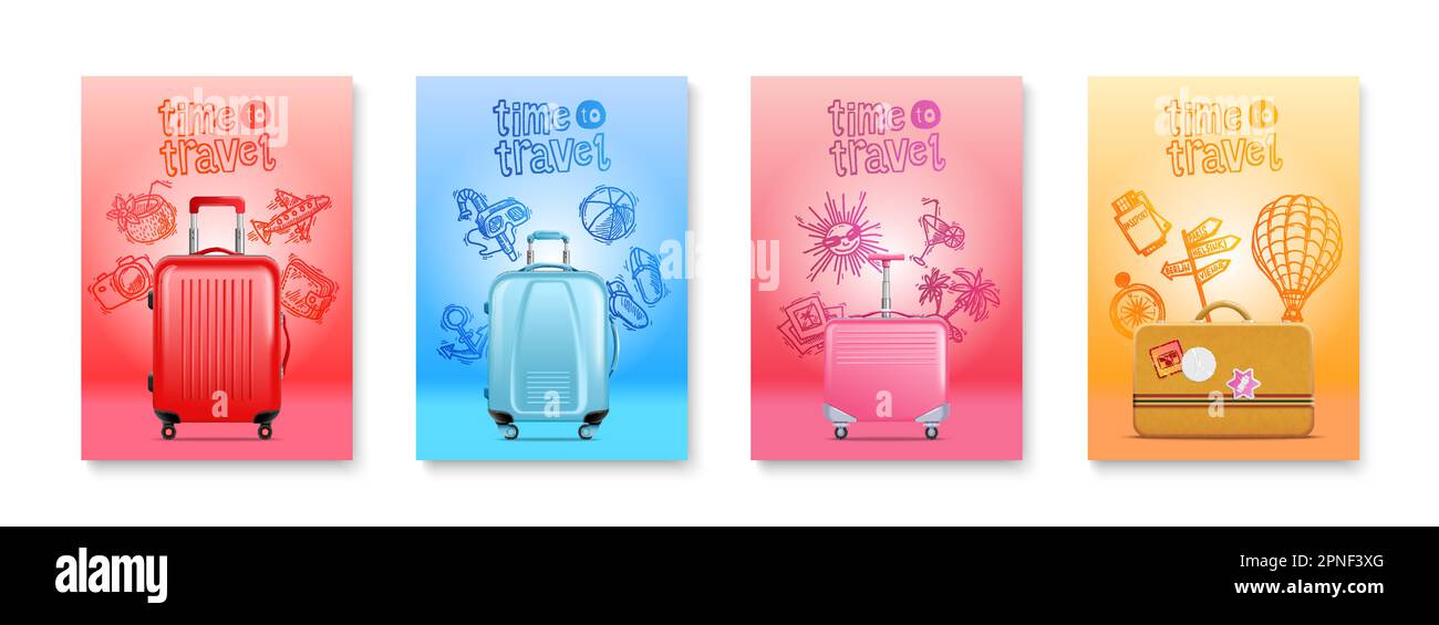 Four realistic travel poster set with four suitcase in different styles and colors vector