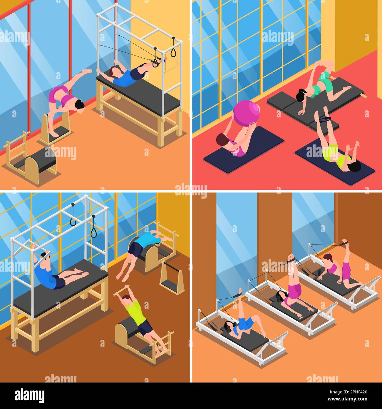 Set with four square pilates isometric compositions with indoor views ...
