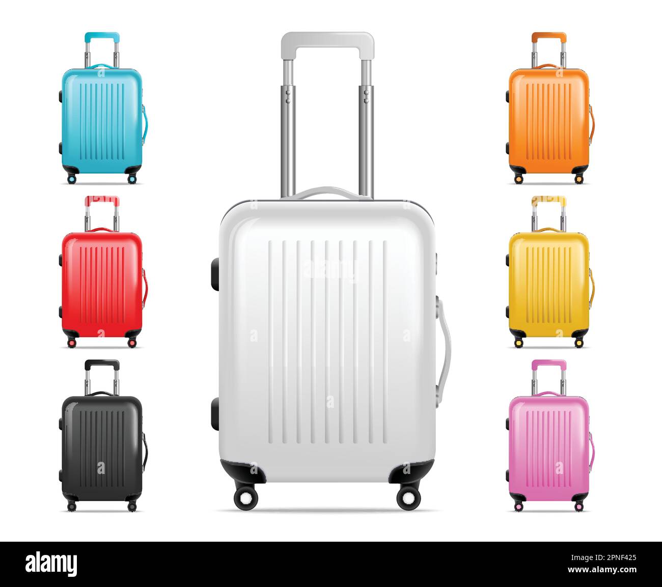 Realistic isolated travel baggage icon set one big and six mini plastic