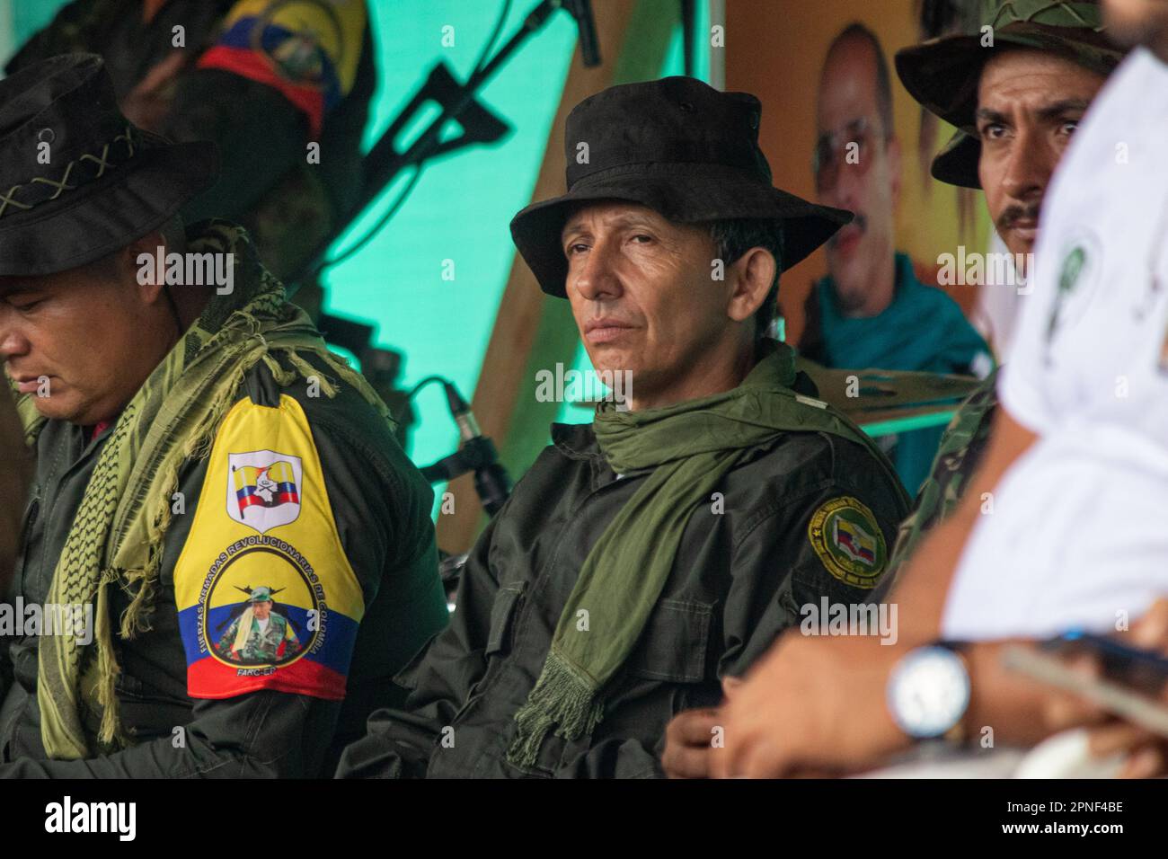 Omar Pardo Galeano alias Antonio Media is seen during the announcement by the FARC's Central General Staff (EMC) to open peace talks with the Colombian government during an assembly in San Vicente del Caguan, Colombia on April 16, 2023. Photo by: Sebastian Marmolejo/Long Visual Press Stock Photo