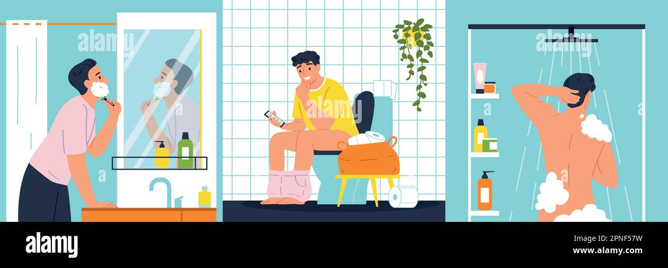 Daily hygiene routine concept set with men in bathroom isolated vector