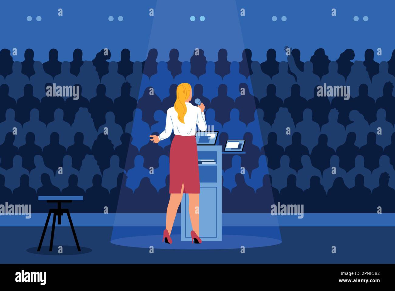 Conference stage flat concept with woman speaking in front of audience