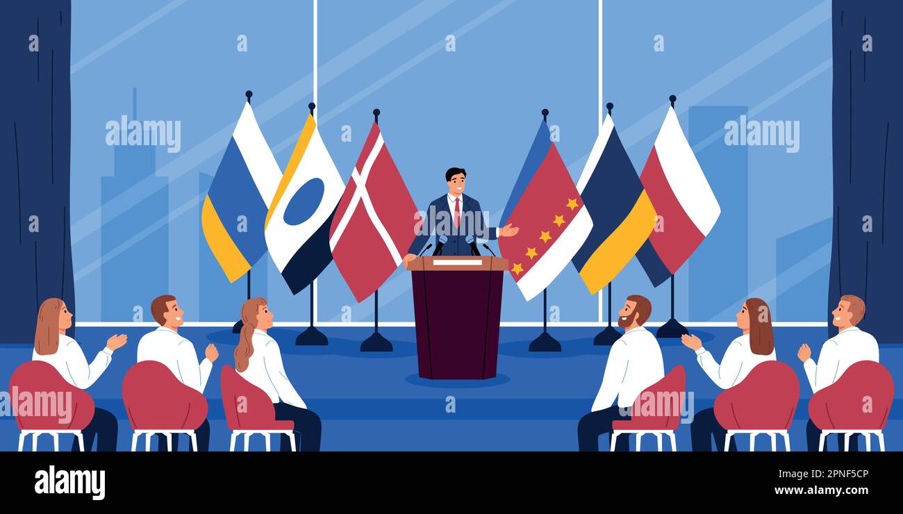 Conference stage flat concept with political leader speaking in front