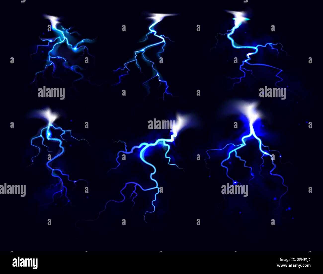 Flash of blue lightning in night starry sky realistic set isolated ...