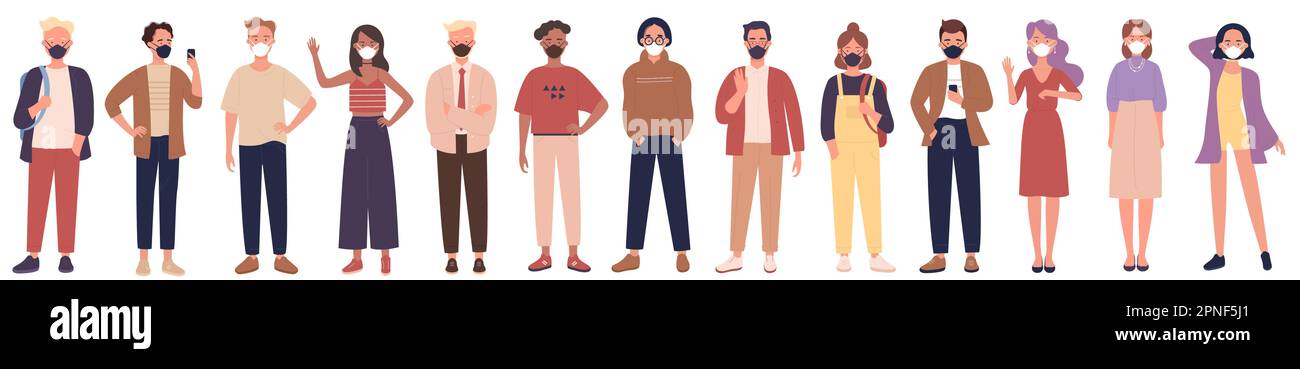 Cartoon group of young man and woman students in casual clothes and respirators standing, couple and single person isolated on white. People in medical masks set vector illustration Stock Vector