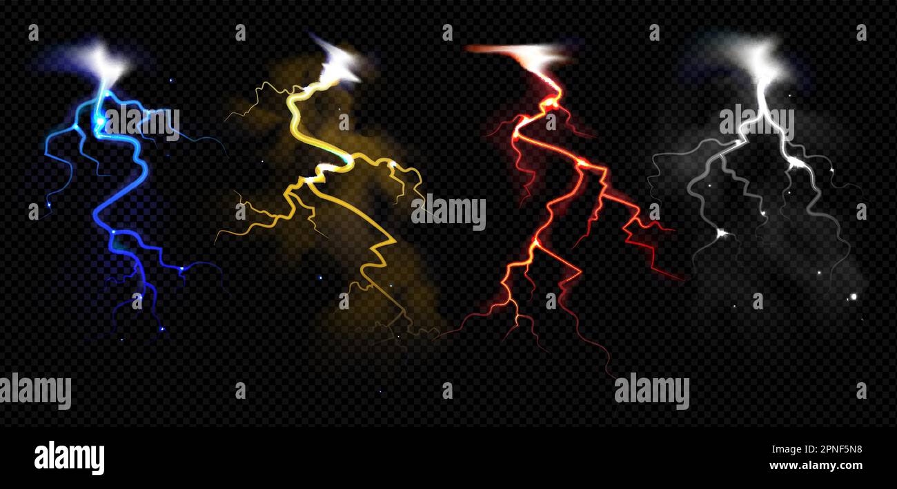 Thunderstorm realistic set with flash of colorful lightnings at dark ...