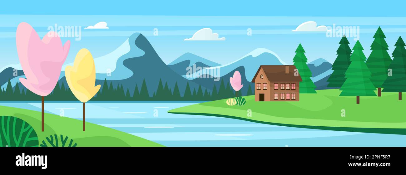 An idyllic spring scene landscape panorama with charming house surrounded by river and green fields of grass and pink sakura trees in the wonderful mountains cartoon vector illustration. Stock Vector