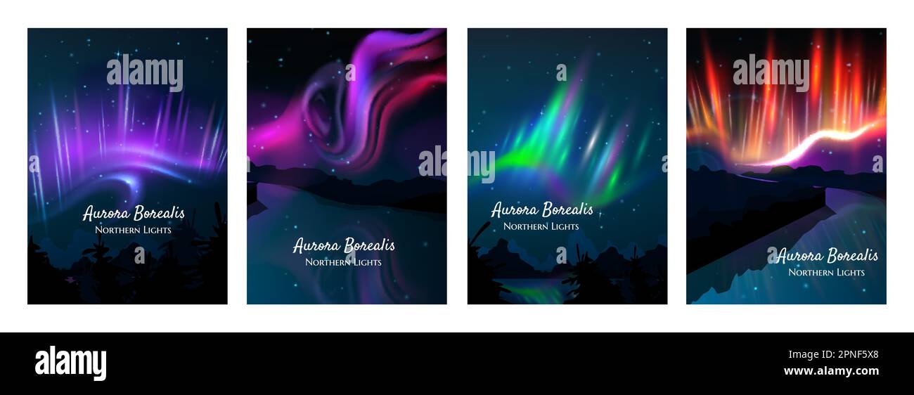 Northern lights realistic colorful posters set with purple green and orange luminescence isolated vector illustration Stock Vector