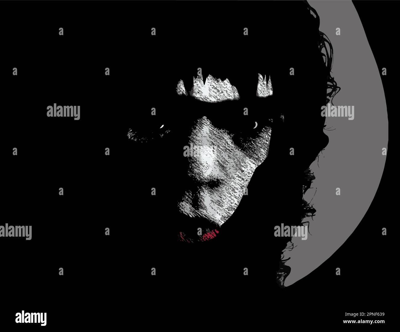 A sinister young man's face is seen in deep shadow in a vector portrait. Stock Vector