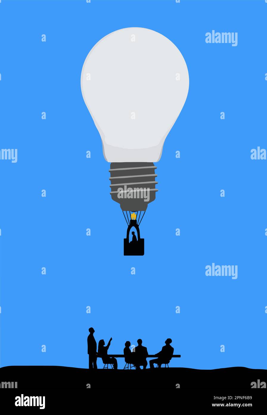 A hot air balloon that looks like a lightbulb floats over a business